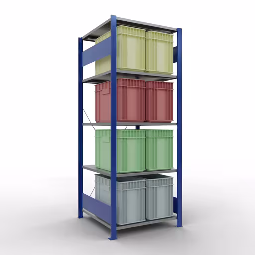 Grundregal, Fachbodenregal Stecksystem MULTIplus150, 2000 x 750 x 800 mm (HxBxT), 5 Fachböden, Kreuzstrebe, RAL 5010 enzianblau/verzinkt/verzinkt mit der GTIN 4004514281265 Grundregal, Fachbodenregal Stecksystem MULTIplus150, 2000 x 750 x 800 mm (HxBxT), 5 Fachböden, Kreuzstrebe, RAL 5010 enzianblau/verzinkt/verzinkt von Schulte Lagertechnik mit der Artikelnr. 12780-75-B