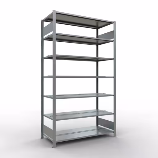 Grundregal, Büro-Fachbodenregal Stecksystem MULTIplus150, 2300 x 1300 x 600 mm (HxBxT), 7 Fachböden, Längenriegel, verzinkt, mit Mittelanschlag aus der Kategorie Stecksystem mit der Artikelnummer 17750