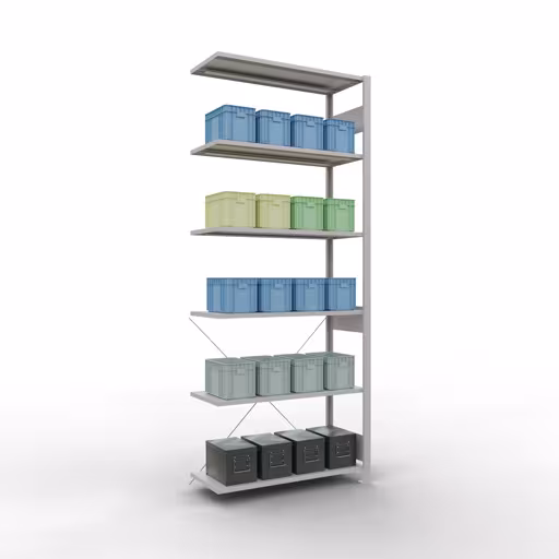 Zusatzbild des Artikels Anbauregal, Eckregal (Feld C) 2500 x 1000 x 400, 6 Fachböden, Kreuzstrebe, RAL 7035 lichtgrau Zusatzbild des Artikels Anbauregal, Eckregal (Feld C) 2500 x 1000 x 400, 6 Fachböden, Kreuzstrebe, RAL 7035 lichtgrau aus Eckregale