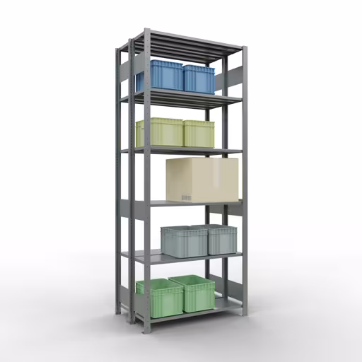 Abbildung Nr 15 des Artikels Grundregal, Doppelregal, Fachbodenregal Stecksystem MULTIplus150, 2500 x 1000 x (2x300) mm (HxBxT), 2x6 Fachböden, Längenriegel, verzinkt aus der Produktgruppe Fachbodenregale von der Marke Schulte Lagertechnik