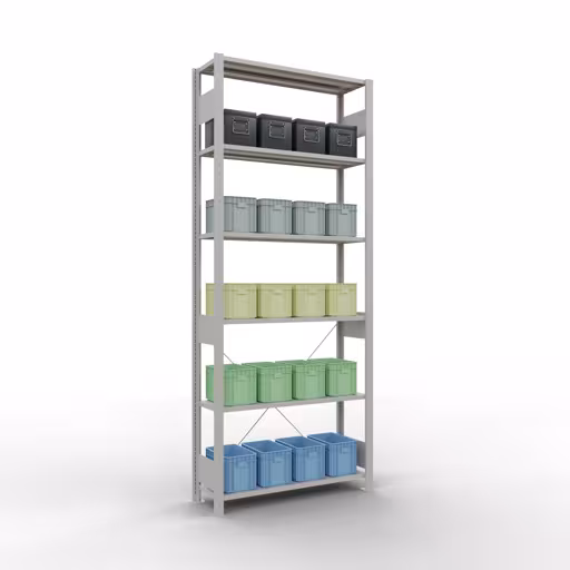 Produktbild Nr 13 des Artikels Grundregal, Fachbodenregal Stecksystem MULTIplus150, 2500 x 1000 x 300 mm (HxBxT), 6 Fachböden, Kreuzstrebe, RAL 7035 lichtgrau Abbildung Nr 13 des Artikels Grundregal, Fachbodenregal Stecksystem MULTIplus150, 2500 x 1000 x 300 mm (HxBxT), 6 Fachböden, Kreuzstrebe, RAL 7035 lichtgrau aus der Produktgruppe Stecksystem von der Marke Schulte Lagertechnik