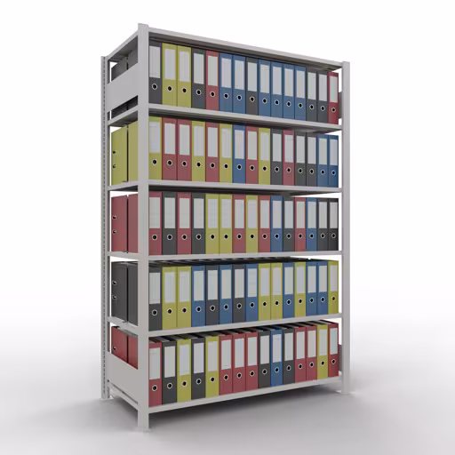 Grundregal, Büro-Fachbodenregal Stecksystem MULTIplus150, 2000 x 1300 x 600 mm (HxBxT), 6 Fachböden, Längenriegel, mit Mittelanschlag, lichtgrau von der Marke Schulte Lagertechnik aus der Produktreihe Büroregale