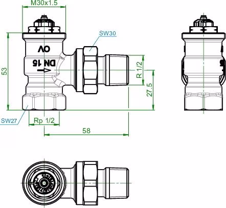 Thermostatventil Baureihe AV 9 M 30 x 1,5, PN 10, Eck DN 15 OVENTROP