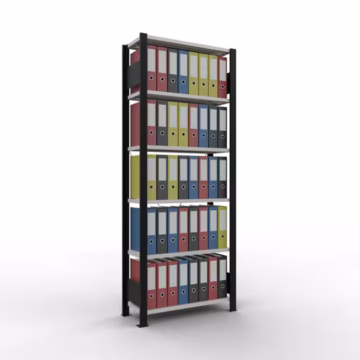 Grundregal, Büro-Fachbodenregal Stecksystem MULTIplus85, 2000 x 750 x 300 mm (HxBxT), 6 Fachböden, Kreuzstrebe, ohne Anschlagleiste, schwarz/lichtgrau von Schulte Lagertechnik mit der Artikelnr. 36024-S