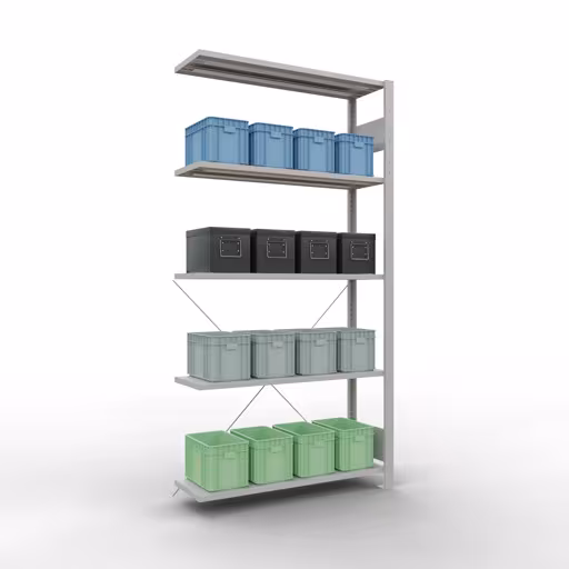 Abbildung Nr 9 des Artikels Anbauregal, Fachbodenregal Stecksystem MULTIplus85, 2000 x 1000 x 300 mm (HxBxT), 5 Fachböden, Kreuzstrebe, RAL 7035 lichtgrau aus der Produktgruppe Stecksystem von der Marke Schulte Lagertechnik