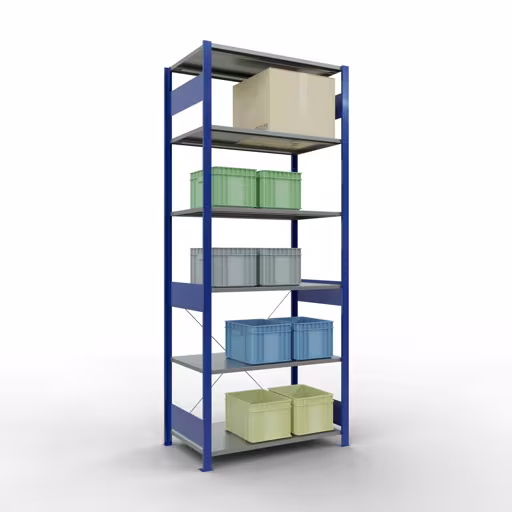 Zusatzbild des Artikels Grundregal, Fachbodenregal Stecksystem MULTIplus150, 2500 x 1000 x 600 mm (HxBxT), 6 Fachböden, Kreuzstrebe, RAL 5010/verzinkt aus Grundregal