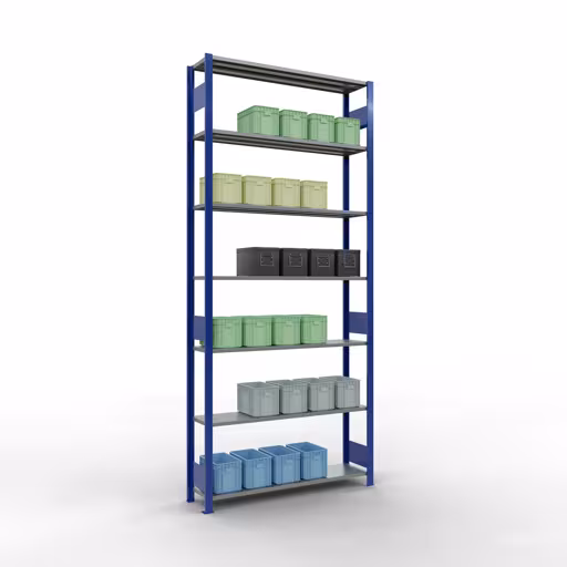 Grundregal, Fachbodenregal Stecksystem MULTIplus150, 3000 x 1300 x 300 mm (HxBxT), 7 Fachböden, Längenriegel, RAL 5010 enzianblau/verzinkt aus der Kategorie Grundregal mit der GTIN 4004514279590 Grundregal, Fachbodenregal Stecksystem MULTIplus150, 3000 x 1300 x 300 mm (HxBxT), 7 Fachböden, Längenriegel, RAL 5010 enzianblau/verzinkt von der Marke Schulte Lagertechnik aus der Produktreihe Stecksystem