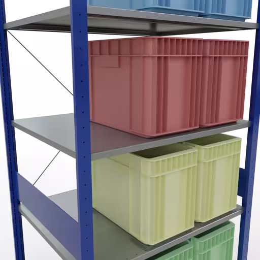 Zusatzbild des Artikels Grundregal, Fachbodenregal Stecksystem MULTIplus150, 3000 x 1000 x 800 mm (HxBxT), 7 Fachböden, Kreuzstrebe, RAL 5010/verzinkt Zusatzbild des Artikels Grundregal, Fachbodenregal Stecksystem MULTIplus150, 3000 x 1000 x 800 mm (HxBxT), 7 Fachböden, Kreuzstrebe, RAL 5010/verzinkt aus Grundregal