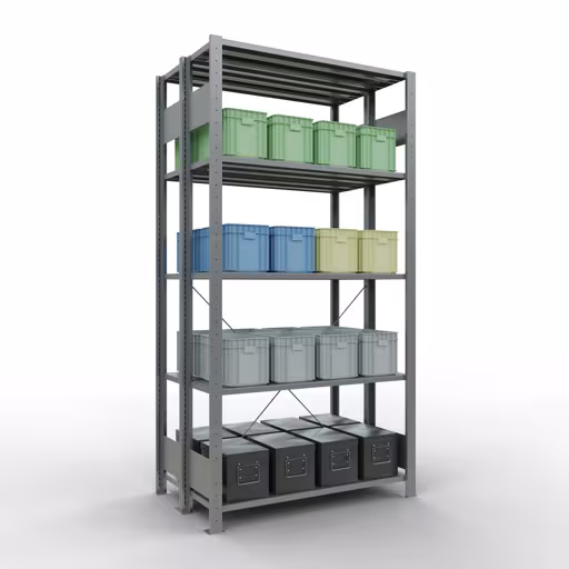 Produktbild Nr 16 des Artikels Grundregal, Doppelregal, Fachbodenregal Stecksystem MULTIplus150, 2000 x 1000 x (2x300) mm (HxBxT), 2x5 Fachböden, Kreuzstrebe, verzinkt Abbildung Nr 16 des Artikels Grundregal, Doppelregal, Fachbodenregal Stecksystem MULTIplus150, 2000 x 1000 x (2x300) mm (HxBxT), 2x5 Fachböden, Kreuzstrebe, verzinkt aus der Produktgruppe Fachbodenregale von der Marke Schulte Lagertechnik