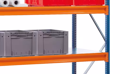 Anbauregal, Weitspannregal mit Stahlpaneelen W 100, 3000 x 2500 x 1200 mm, blau/orange/verzinkt, 5 Ebenen, Fachlast 780 kg von der Marke Schulte Lagertechnik aus der Produktreihe Weitspannregale