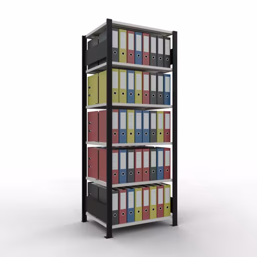 Produktbild Nr 12 des Artikels Grundregal, Büro-Fachbodenregal Stecksystem MULTIplus150, 2000 x 750 x 600 mm (HxBxT), 6 Fachböden, Längenriegel, mit Mittelanschlag, schwarz/lichtgrau Abbildung Nr 12 des Artikels Grundregal, Büro-Fachbodenregal Stecksystem MULTIplus150, 2000 x 750 x 600 mm (HxBxT), 6 Fachböden, Längenriegel, mit Mittelanschlag, schwarz/lichtgrau aus der Produktgruppe Büroregale von der Marke Schulte Lagertechnik