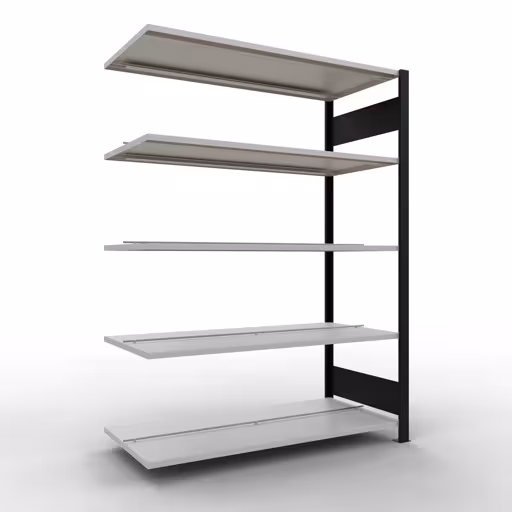 Anbauregal, Büro-Fachbodenregal Stecksystem MULTIplus150, 1800 x 1300 x 600 mm (HxBxT), 5 Fachböden, Längenriegel, mit Mittelanschlag, schwarz/lichtgrau aus der Kategorie Stecksystem mit der Artikelnummer 36041-S